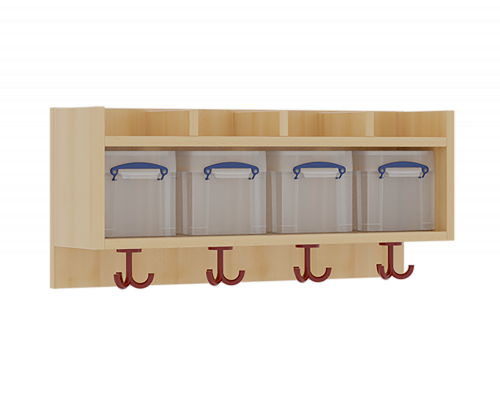 einfache Garderobenablage H/T: 34,5x27 cm in verschiedenen Breiten, offene Ablagen zur Wandmontage, darunter Boxen, unten 3fach-Haken