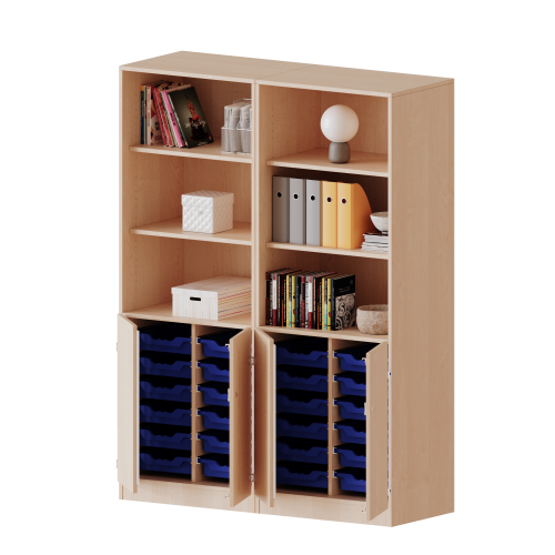 ErgoTray Kombi-Schrank, vierreihig, zweiteilig, 5 Ordnerhöhen - evo180 Serie B/H/T: 140,6x190x50 cm, 2 OH unten mit Türen und 24 flachen ErgoTray Boxen, oben 3 OH Regal, mit Sockel (81 mm), mit Mittelwand