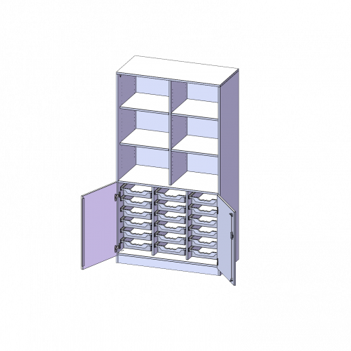 ErgoTray Kombi-Schrank, dreireihig, 5 Ordnerhöhen - evo180 Serie B/H/T: 104,5x190x50 cm, 2 OH unten mit Türen und 18 flachen ErgoTray Boxen, oben 3 OH Regal, mit Sockel (81 mm), mit Mittelwand