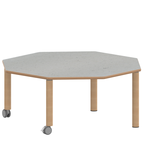 Tisch ZALOTTI mit Linoleum-Belag Achtecktische, Plattenmaß B/T: 120x120 cm, Höhen 25…76 cm, Massivholzbeine Ø 60 mm, Fußvariante: fahrbar