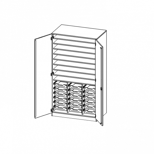 Bastelschrank, 5 Ordnerhöhen - Serie evo180 B/H: 104,5x190 cm, mit Sockel (81 mm), 2-türiger Schrank mit 18 flachen ErgoTray Boxen