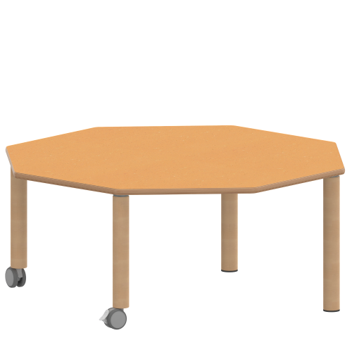 Tisch ZALOTTI mit Linoleum-Belag Achtecktische, Plattenmaß B/T: 120x120 cm, Höhen 25…76 cm, Massivholzbeine Ø 60 mm, Fußvariante: fahrbar