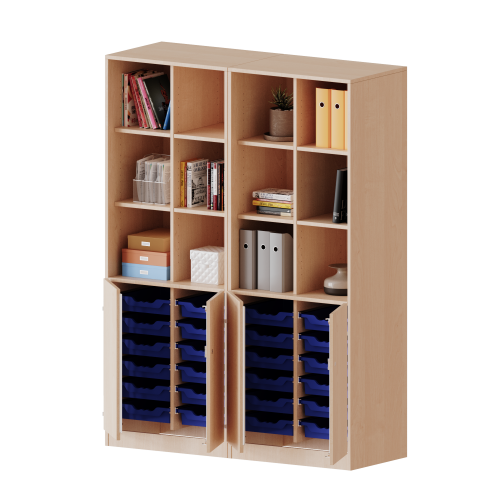 ErgoTray Kombi-Schrank, vierreihig, zweiteilig, 5 Ordnerhöhen - evo180 Serie B/H/T: 140,6x190x50 cm, 2 OH unten mit Türen und 24 flachen ErgoTray Boxen, oben 3 OH Regal, mit Sockel (81 mm), mit 2 Mittelwänden