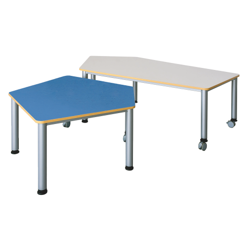Fahrbarer Fünfecktisch mit Melaminharzbeschichtung verschiedene Größen in 5eck-Form, wählbare Höhe, mit melaminharzbeschichteter Spanplatte, Stahlzargengestell und Rundrohr-Füße Ø 60