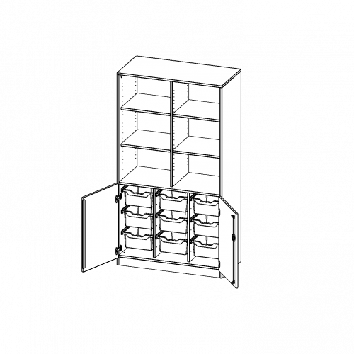 ErgoTray Kombi-Schrank, dreireihig, 5 Ordnerhöhen - evo180 Serie B/H/T: 104,5x190x50 cm, 2 OH unten mit Türen und 9 hohen ErgoTray Boxen, oben 3 OH Regal, mit Sockel (81 mm), mit Mittelwand