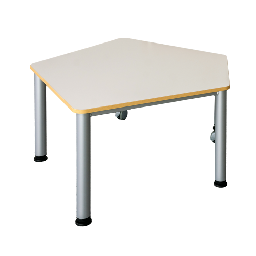 Fahrbarer Fünfecktisch mit Melaminharzbeschichtung verschiedene Größen in 5eck-Form, wählbare Höhe, mit melaminharzbeschichteter Spanplatte, Stahlzargengestell und Rundrohr-Füße Ø 60