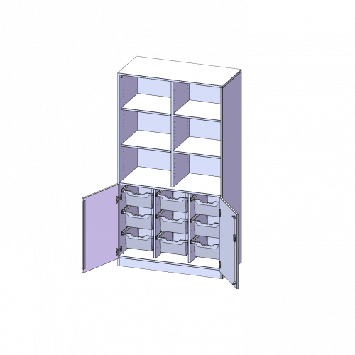 ErgoTray Kombi-Schrank, dreireihig, 5 Ordnerhöhen - evo180 Serie B/H/T: 104,5x190x50 cm, 2 OH unten mit Türen und 9 hohen ErgoTray Boxen, oben 3 OH Regal, mit Sockel (81 mm), mit Mittelwand