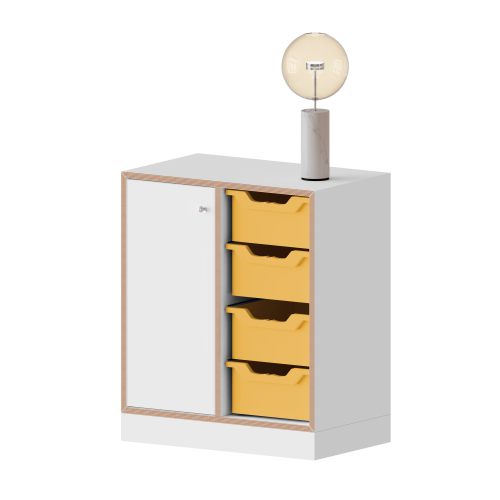 qickly® Schrank, 2 Ordnerhöhen, 1 Tür links mit Schloss, 4 große Ergo Tray Boxen