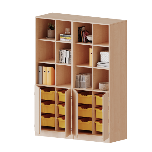 ErgoTray Kombi-Schrank, vierreihig, zweiteilig, 5 Ordnerhöhen - evo180 Serie B/H/T: 140,6x190x50 cm, 2 OH unten mit Türen und 12 hohen ErgoTray Boxen, oben 3 OH Regal, mit Sockel (81 mm), mit 2 Mittelwänden