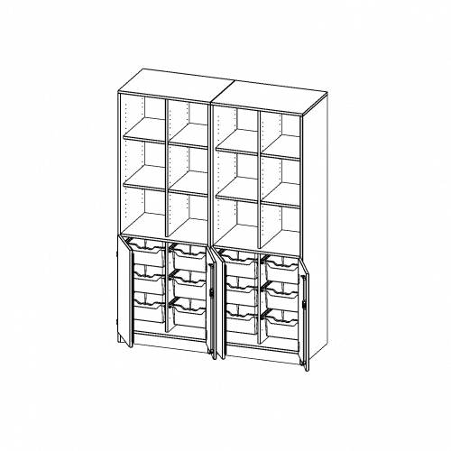 ErgoTray Kombi-Schrank, vierreihig, zweiteilig, 5 Ordnerhöhen - evo180 Serie B/H/T: 140,6x190x50 cm, 2 OH unten mit Türen und 12 hohen ErgoTray Boxen, oben 3 OH Regal, mit Sockel (81 mm), mit 2 Mittelwänden