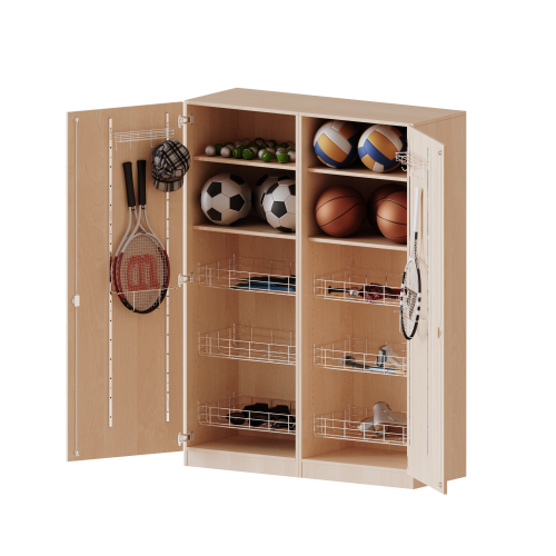 Sportschrank, 5 Ordnerhöhen - Serie evo180 Breite 140,6 cm, Gesamthöhe 190 cm, 6 Ballkörbe, mit Sockel (81 mm)